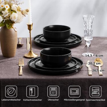 Набір посуду Onader на 6 осіб: 18-ти частинний сервіз з каменю, 6 тарілок, десертних тарілок, мисок, стійкий до миття в посудомийній машині та подряпин (Класичний чорний)