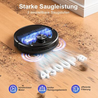 Робот-пилосос Lubluelu 3-в-1 з док-станцією, 4500Pa, функція вологого прибирання, лазерна навігація, керування через додаток, для тварин, килимів, твердих підлог (чорний, блакитний)