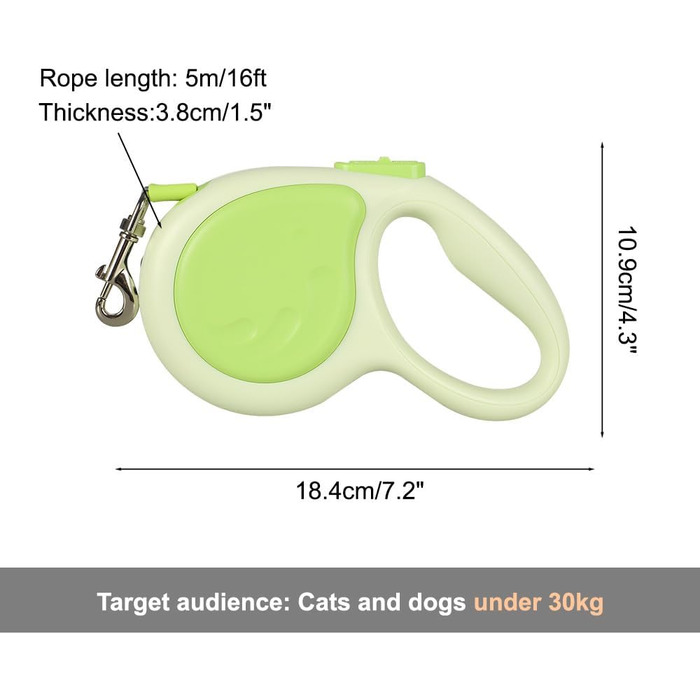 Висувна поводок для собак, 4.8м, міцний рулон з поворотним гачком на 360° та LED-підсвіткою, для собак та котів середніх та малих порід (до 30 кг), колір зелений