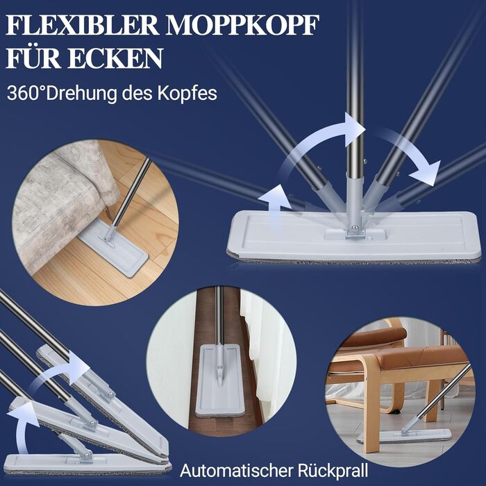 Набір для миття підлоги MASTERTOP з відром, моп з нержавіючою ручкою та 3 насадками, 2 в 1 набір відр та мопа, плоский моп з функцією віджиму для ламінату, плитки, твердої підлоги (Бежевий) (Набір для миття підлоги з відром: Сірий+Блакитний)