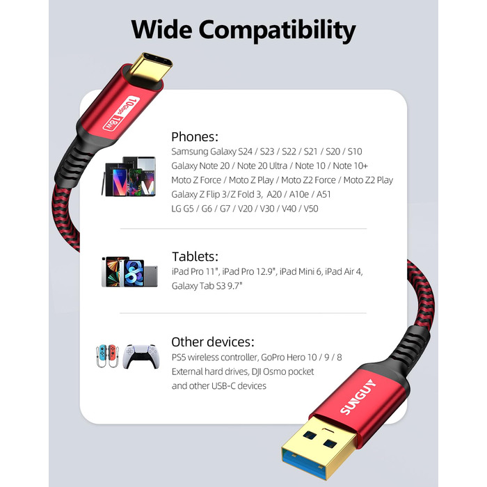 Кабель USB-C SUNGUY 30см, USB Type-C - USB 3.0, 0Gbps, для iPhone, Galaxy, Google Pixel, Android Auto, Huawei, червоний