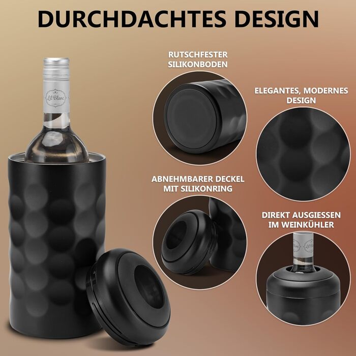 Охолоджувач вина Arktis – стильне наливання безпосередньо з охолоджувача | Вакуумний ізольований охолоджувач напоїв та охолоджувач пляшок для вина, шампанського, ігристого вина | Охолоджувач шампанського з подвійними стінками (Чорний)