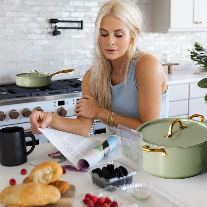 RIOVARM Induction Cookware Set, Non-Stick Coating Granite Cookware Set with Lids, PFOA-Free Cookware Set with Wood Grain Handle, Frying Pan, Casserole, Baking Dish