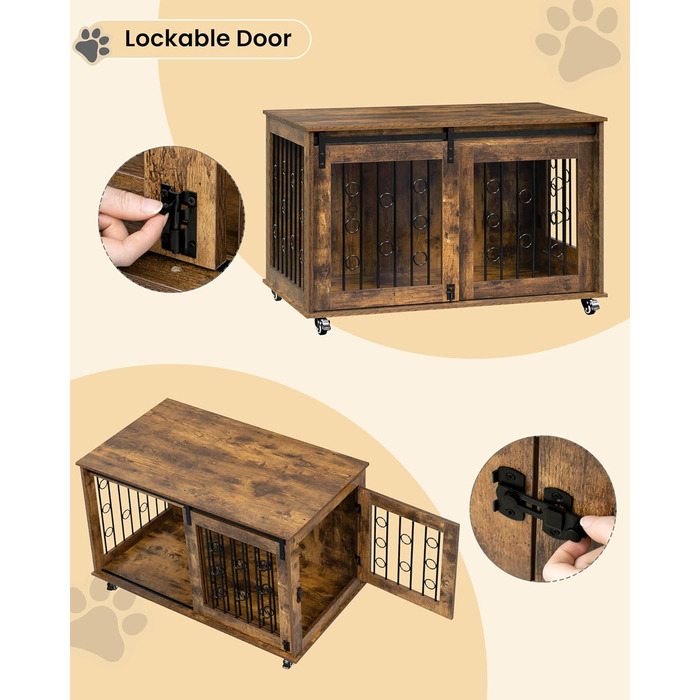 Клітка для собак EUGAD, 100 см, з 2 дверцятами та 5 колесами, для великих, середніх та маленьких собак, декоративна переноска для дому, вінтажний коричневий колір