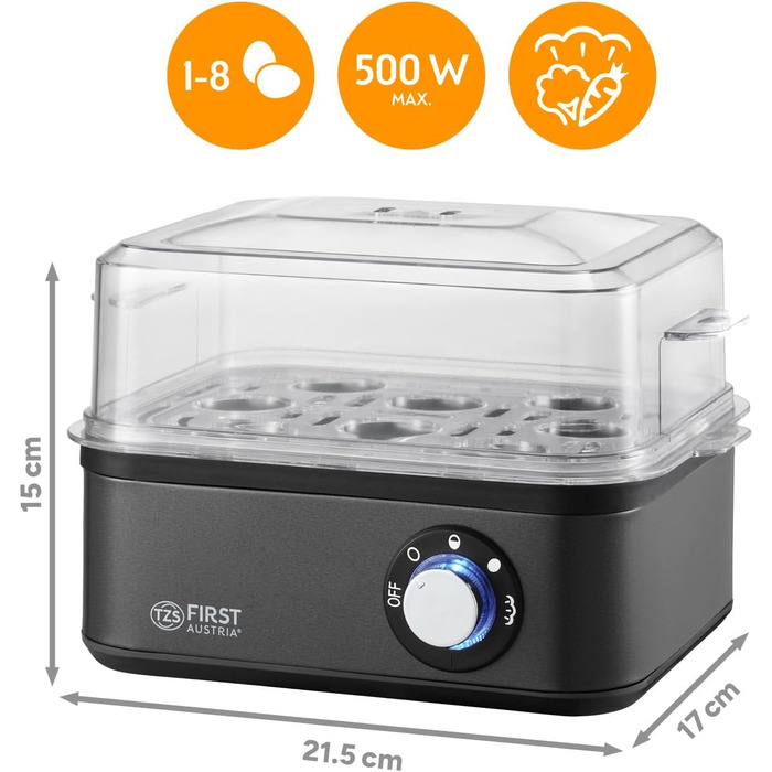 Яйцеварка First Austria TZS Grey - 8 яєць, 4 режими, функція приготування на пару, автовимкнення, захист від перегріву, мірна склянка та формочки для яєць