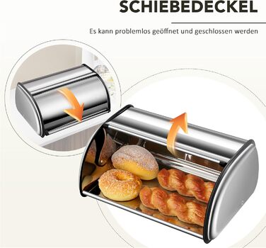 Рибалка Brotkasten з нержавіючої сталі, харчової якості, з кришкою-роллером, 43,5 x 27,5 x 18,5 см, контейнер для хліба, булочок, печива