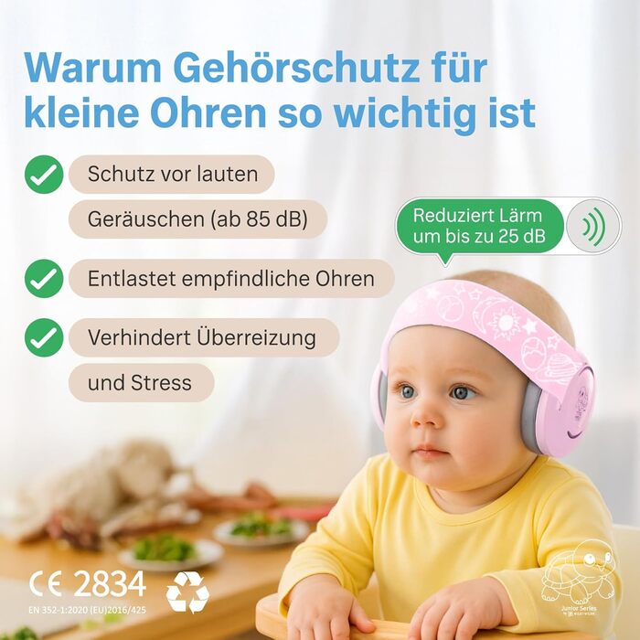 Навушники для захисту вух дитини 3-6 років. Комфортні, сертифіковані CE. Захист від шуму для концертів, подорожей та повсякденного використання. Без тиску на велике джерельце. Білі/Рожеві.