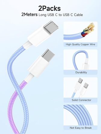 Зарядний пристрій 20W USB-C для iPhone 17/16/15, 2 шт. + Кабель USB-C 2м, PD3.0, блакитний+ліловий