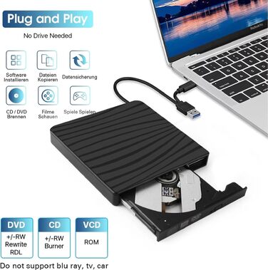 Зовнішній DVD-привід USB 3.0 та Type-C, портативний CD/DVD+/-RW ROM записувач для ноутбука та ПК, сумісний з Windows та Linux