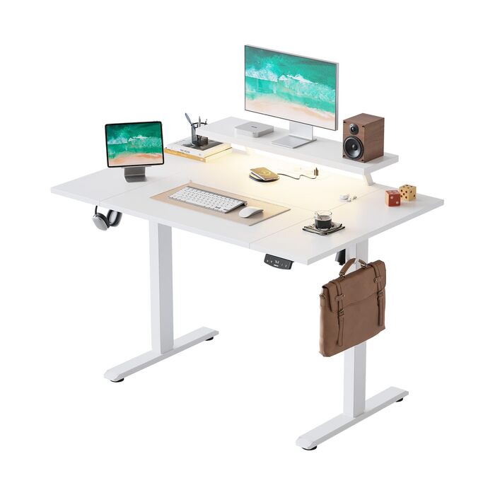 Електричний регульований стіл Agilestic з підсвічуванням, USB-портом та мобільним кріпленням для монітора, 120 x 80 см (Білий)