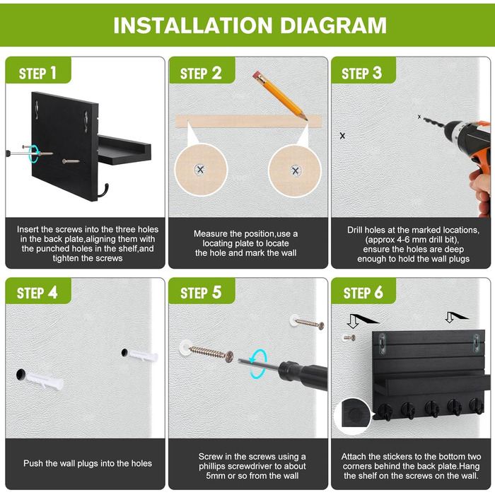 Дерев'яне ключниця на стіну з полицею, чорний колір, 5 гачків, для прихожої, спальні, вітальні