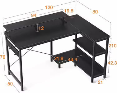 ODK L-Shaped Desk, Desk with Shelf Reversible, Gaming Desk L Shape Desk with Monitor Stand, Computer Desk PC Desk Office Desk for Home Office (Brown, 120x80x88cm)