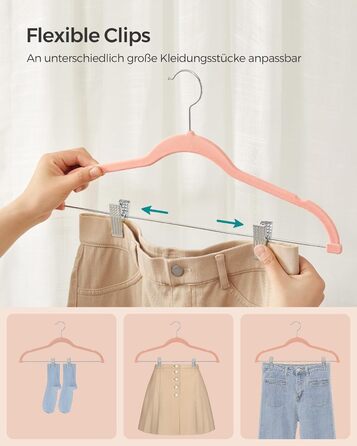 SONGMICS Velvet Clothes Hangers, 10-Piece Set, Skirt Hanger, 42.5 cm wide, with adjustable clips, non-slip, space-saving, for pants, coats, dresses, Light Pink CRF012R10