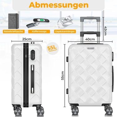 Валіза KESSER® 120L з ABS-пластику з кодовим замком, вагами та органайзером, 360° обертання, для подорожей та бізнесу, телескопічна ручка, білий (55см)