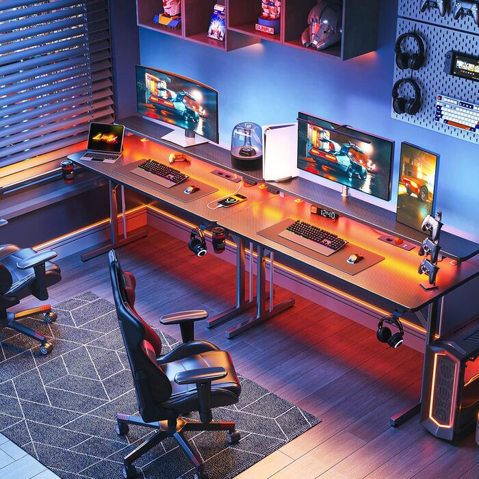 LED Gaming Desk with Power Outlets - 80cm/120cm Carbon Fiber PC Gaming Table