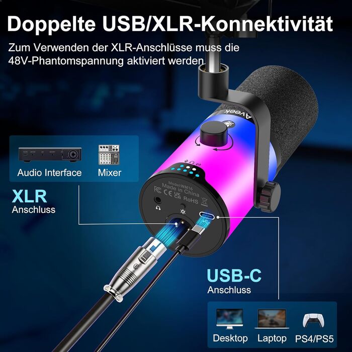 Мікрофон Aveek USB/XLR динамічний з тримачем, з функцією Mute, шумозаглушенням та RGB підсвіткою для ПК, стрімінгу, подкастів та запису
