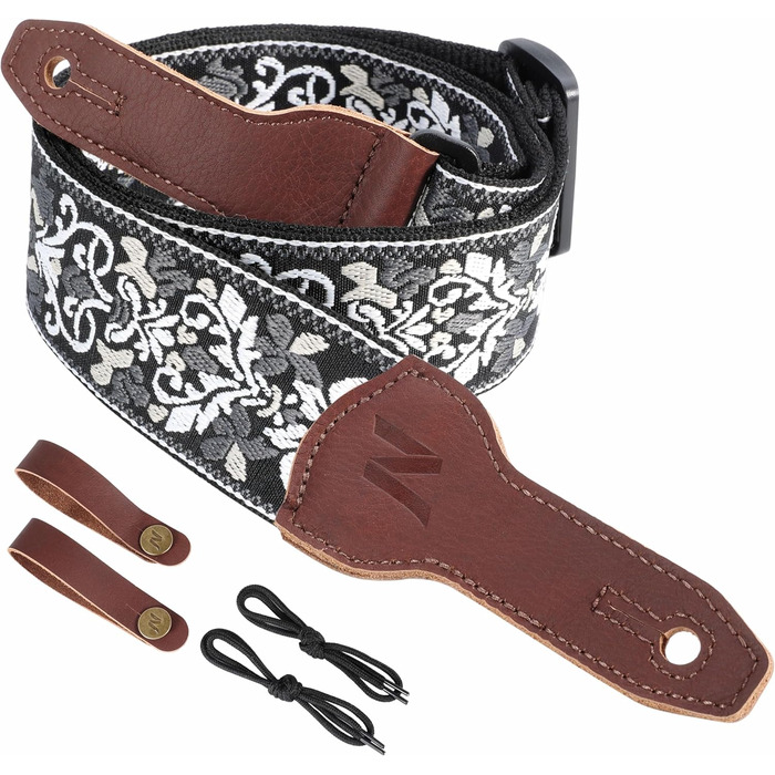 Гітарний ремінь Nefelibata Banjo-Gurt, 5,1 см, повна шкіра телятини, біла вишивка квітів