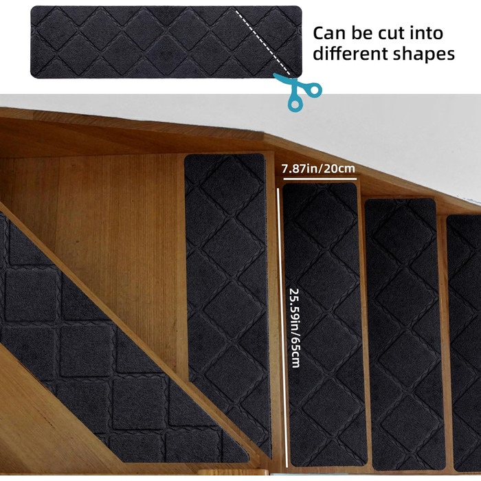 Килимки на сходи YISUN 15 шт., самоклейні, антиковзні, 20x65 см (Сірий/Чорний), для дітей, літніх людей та собак, для внутрішнього та зовнішнього використання