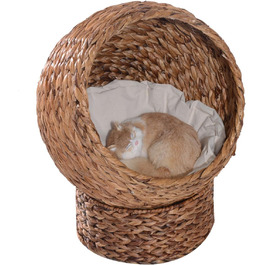 PawHut Rattan Cat Basket Cat Cave Cat House Cat Bed with Cushion Pet Bed Water Hyacinth Brown 50 x 42 x 60 cm