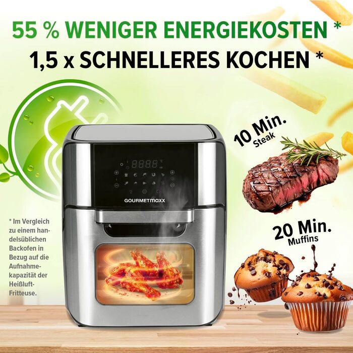 Gourmetmaxx Digital Hot Air Fryer 12 L, XXL Stainless Steel Oven | Air Fryer + Timer, Touch Display, Rotisserie | Low-Fat, Energy-Saving Frying | 10 Programs including Pizza | 1800 W