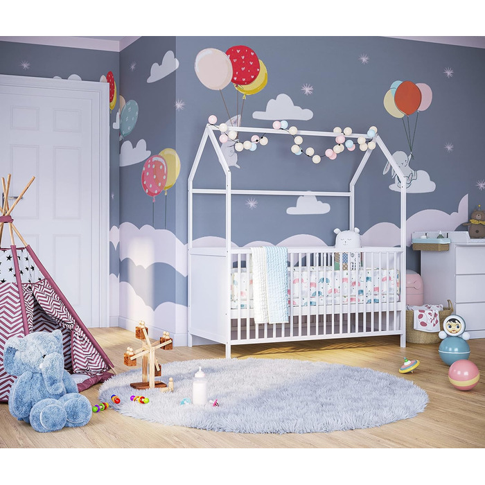 Bellabino Nika Babybett in House Style 70 x 140 cm, crib and house bed for children and babies made of solid pine wood in white, 3-fold height adjustable including slatted frame
