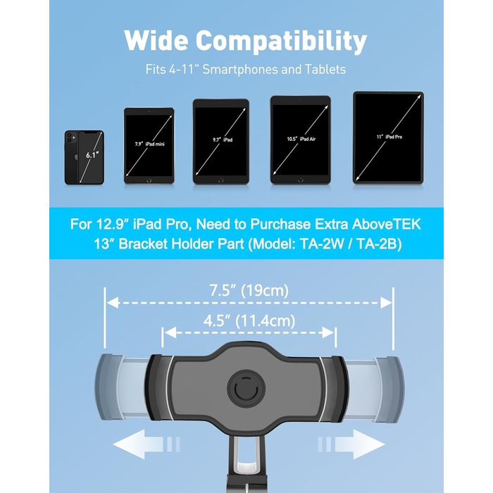 Підставка для планшету та смартфона AboveTEK з присоском – регульована 360° для iPad/смартфонів (4–11 дюймів), авто/стіна/офіс (чорний)
