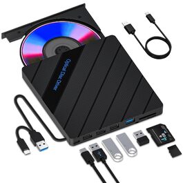 Зовнішній багатофункціональний DVD-привід 8-в-1 для ноутбука та ПК: USB 3.0, Type-C, 5 USB-портів, картридер TF/SD, оптичний накопичувач для Windows, macOS, Linux, сірий