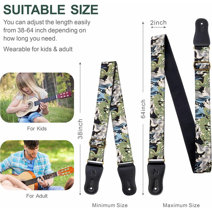 Японський гітарний ремінь Nefelibata з бавовни для акустичної гітари та укулеле, адаптер для голівки грифа, медіатори, регульована довжина 38'-64', візерунок дракона