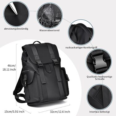 Чоловічий та жіночий рюкзак Vintage 17.3 дюйми, водонепроникний, для ноутбука, школи, подорожей, чорний
