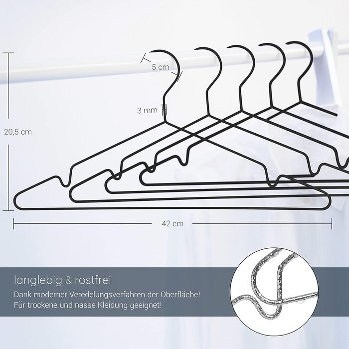 ROW&LINE® – Metal Clothes Hangers (42 cm) – 20 Pieces (Matte Black) – Space-Saving Clothes Hangers for Adults – Load-Bearing for Heavy Clothing – Hangers for Order & a Uniform Look