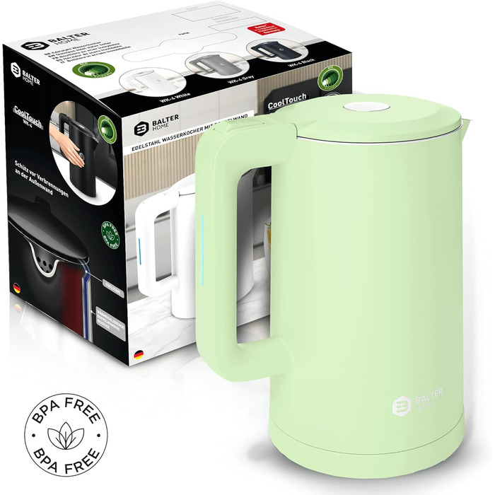Balter Stainless Steel Kettle WK-4, 1.7 Liter, Electric Kettle, Double-Walled Design, BPA Free, LED, Compact Tea Kettle, Quiet (Black) (Mint)