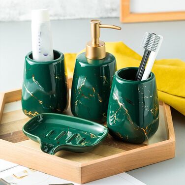 Набір аксесуарів для ванної кімнати: дозатор мила, мильниця, 2 стаканчика для зубних щіток (сірий, з малюнком мармуру)