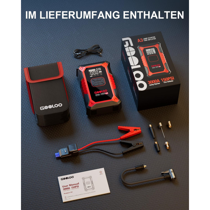 Powerbank з компресором GOOLOO A3 для автомобіля 12V (до 9.0L бензин/6.5L дизель), 3000A, 150PSI, LED дисплей