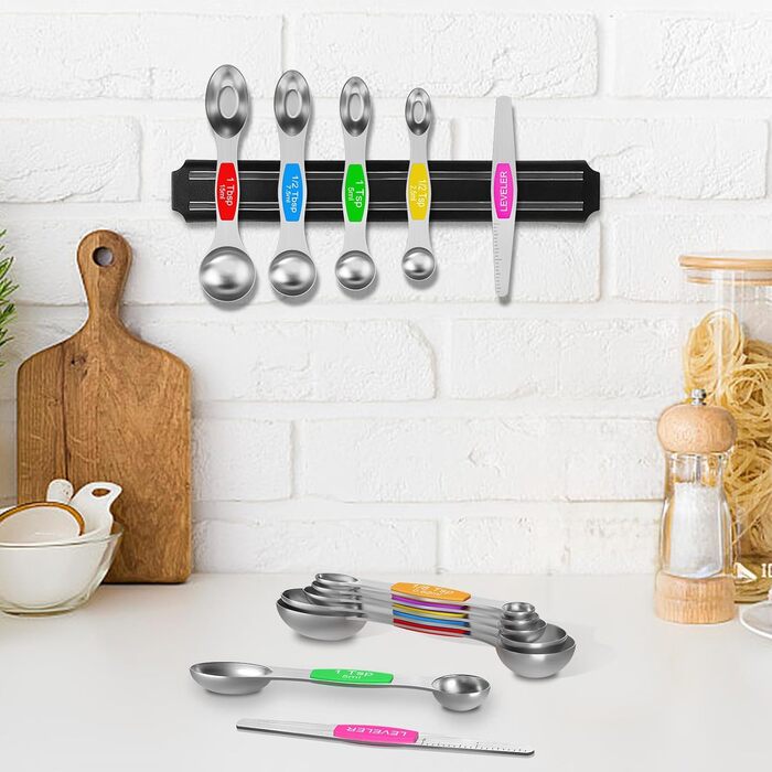 Wildone Measuring Cups and Magnetic Measuring Spoon Set, Stainless Steel, 16-Piece Set, 8 Measuring Cups, 7 Double-Sided Stackable Magnetic Measuring Spoons, 1 Leveler