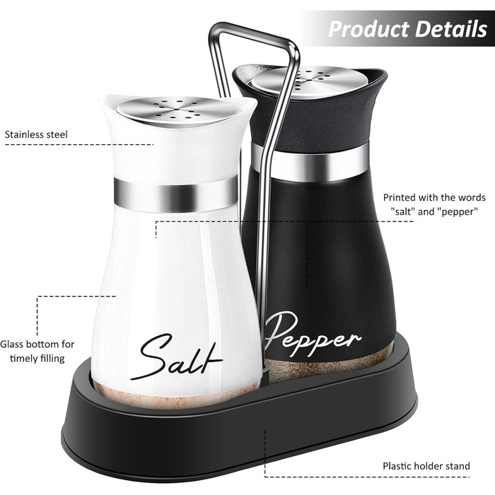 Набір солі та перцю: скляні та нержавіючі солі та перечниці для кухні, подорожей, BBQ. Чорний та білий колір.