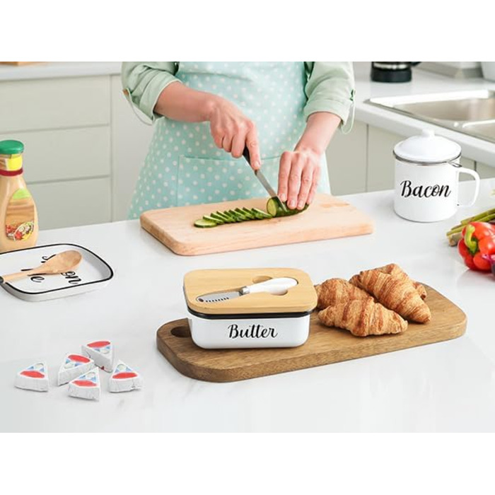 Butter dish with lid and butter spreader knife for countertop - Unbreakable metal container with high-quality double silicone seal, for kitchen farmhouse decor