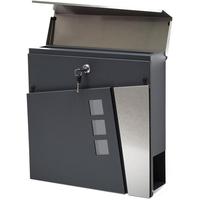 Поштовий ящик Wiltec Designer V24 антрацит/нержавіюча сталь 370x105x370 мм, настінний, з замком, оглядовим вікном та тримачем для газет