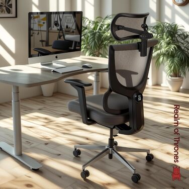 Офісний стіл Realm of Thrones CAPTAIN Deluxe: ергономічний стілець з регульованою поперековою підтримкою, дихаюча спинка, комфортне сидіння, сталева база, відкидні підлокітники (сірий)