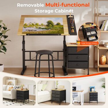 Adjustable Drafting Table with Tilt - 0-60° - Includes Stool & Storage - Wood Finish for Home & Office
