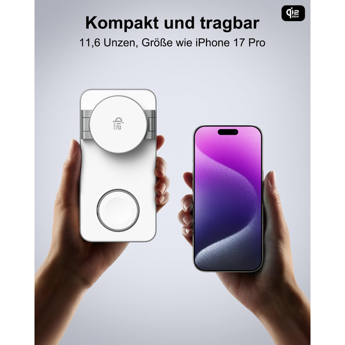 Бездротовий зарядний пристрій 25W MagSafe 3-в-1, складна станція для iPhone 17e/17/16/15/14/13/12/Air, Apple Watch та AirPods Pro (Білий)