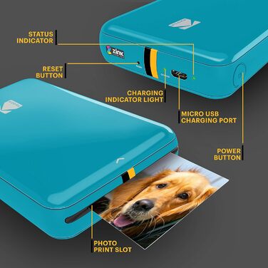 Фотодрук KODAK Step: Портативний міні-принтер для фото з телефону - Bluetooth, iOS & Android, 2x3” фото на Zink, блакитний
