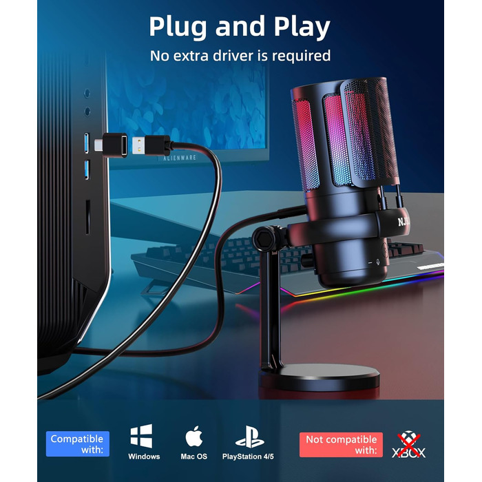 Мікрофон для ПК NJSJ Gaming RGB, для стрімінгу та запису, USB, сумісний з PS4/PS5/Mac, з регулятором гучності, чорний