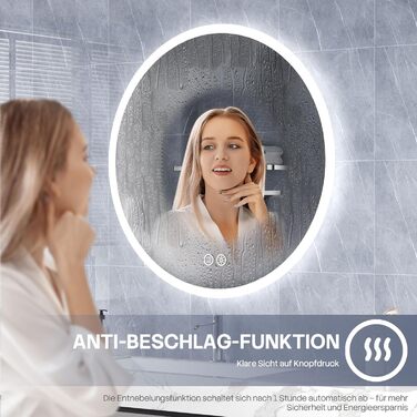 Дзеркало для ванної кімнати HySail з підсвічуванням, 5 мм, високоякісне срібне дзеркало, 3 колірні температури та регульована яскравість, настінне дзеркало з сенсорним вимикачем та антизапарюючою поверхнею, кругле (3 кольори + регулювання, 70x70 см)