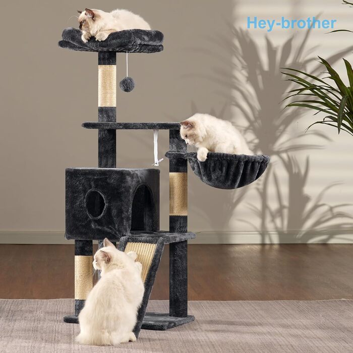 Котячий будиночок Hey-brother Kratzbaum 108 см, багатоярусний котячий комплекс з когтеточками, рампою, кошиком, будиночком та іграшкою-помпоном (димно-сірий), MPJ007SW