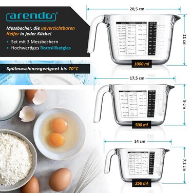 Arendo - Borosilicate Glass Measuring Cup Set - Sizes 1000ml, 500ml, 250ml (1l, 0.5l, 0.250l) – Glass Measuring Jug, Pitcher – Precise Scale – Heat Resistant – Microwave Safe – Kitchen Measuring Cup