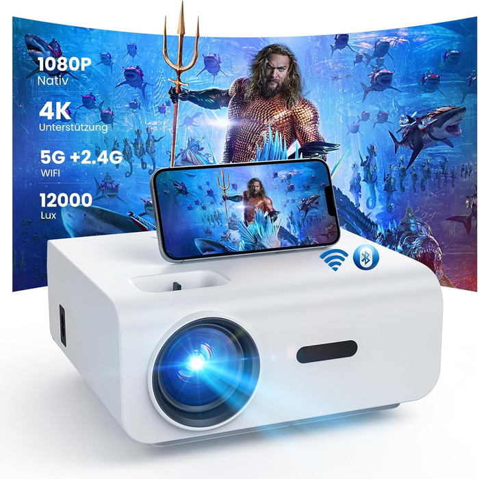HOPVISION Міні проєктор Beamer WiFi Bluetooth Full HD 1080P 4K з зумом, 12000 Lumens. Підтримка: Smartphone, HDMI, USB, Laptop, Fire Stick, PS5. Екран 300 дюймів.