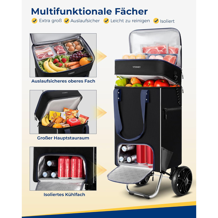 Тролей для покупок Ytonet: складаний, з відділенням для охолодження, 55 літрів, 68 кг, 3-в-1 (сумка-тележка, сумка для покупок), чорний
