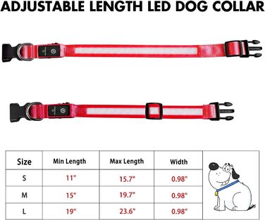 Світловідбиваючий нашийник для собак MABRILL з LED-підсвічуванням, перезаряджається, водонепроникний, для малих, середніх та великих собак, 3 режими світла, червоний (L)