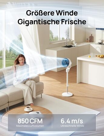 Дрео Безшумний підлоговий вентилятор з осциляцією, 1444 м³/год, 3 швидкості, таймер 6 годин, пульт дистанційного керування, циркуляція повітря за 3 хвилини, функція ароматерапії, білий