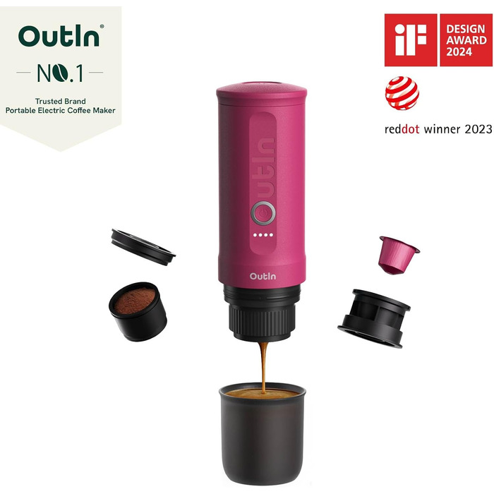 Outin Portable Electric Espresso Machine, Camping Coffee Maker, Self-Heating with USB-C, Compatible with Ground Coffee & Nespresso Capsules - Fuchsia Pink